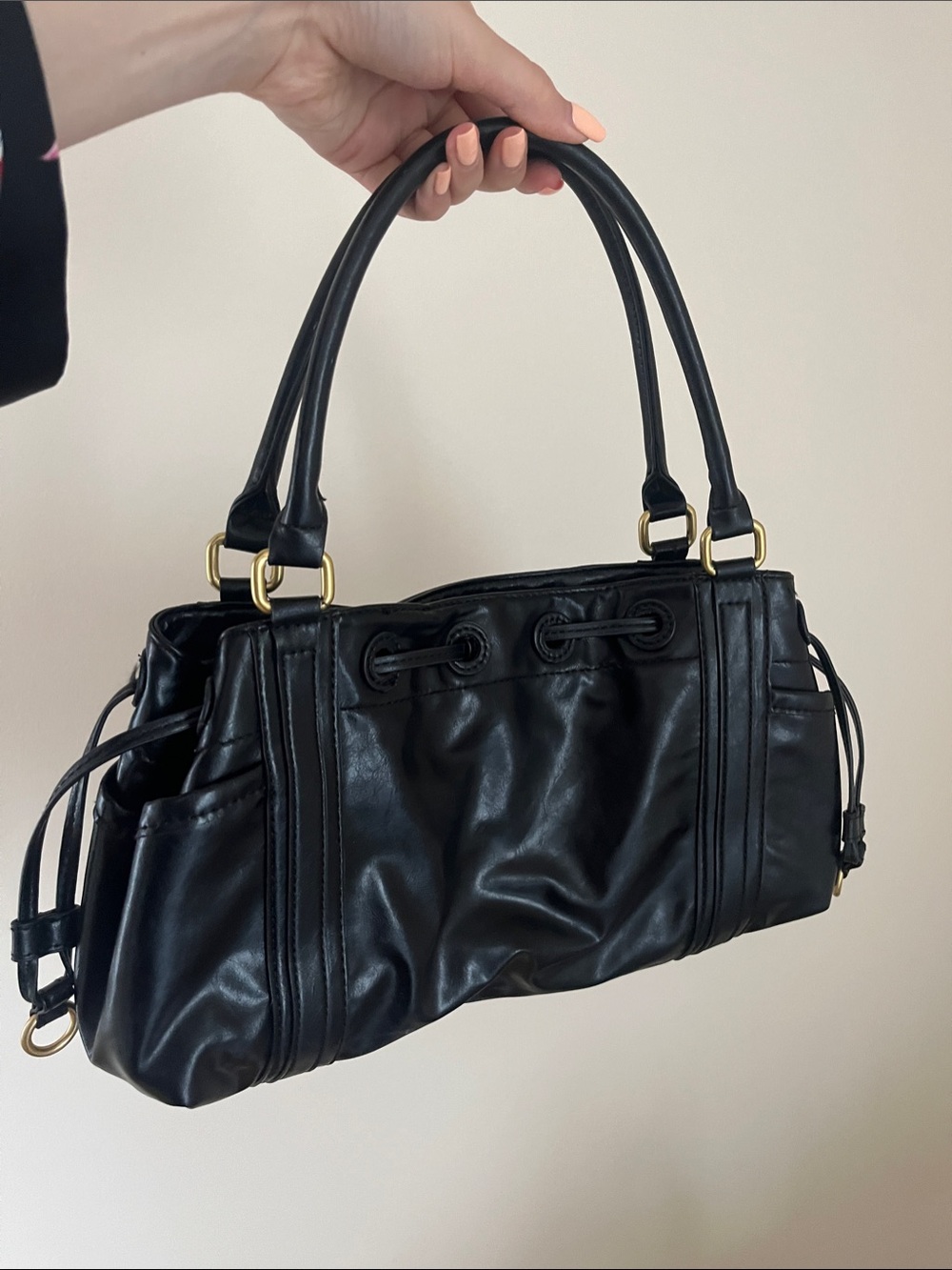 Zara Black Leather Double-Handle Shoulder Bag with Gold Hardware